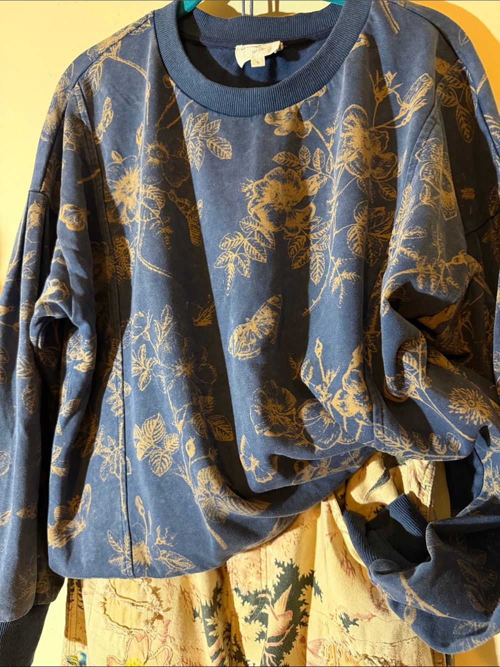 Top - FRENCH Terry Acid Wash Denim Blue w/ Floral Marigold design - SZ L - UMGEE